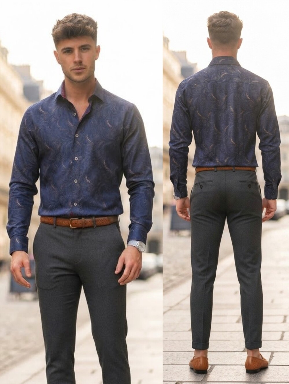 NWOT Daniel Hechter Paris Navy Paisley Dress Shirt Size L Retro Contemporary